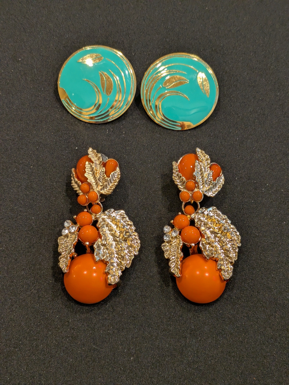 Gold Leaf Orange Drop Earrings - Women Jewelry Set Of 2 Pairs